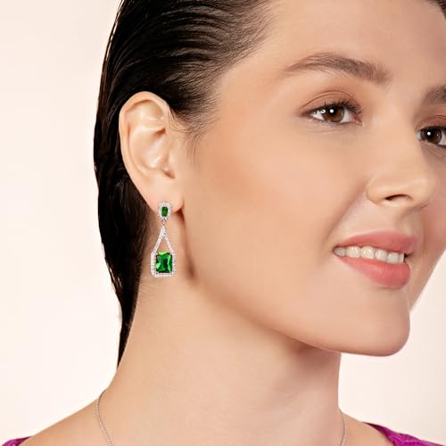 Jewelili Sterling Silver Octagon Simulated Emerald and Round White Clear Crystal Dangle Earrings