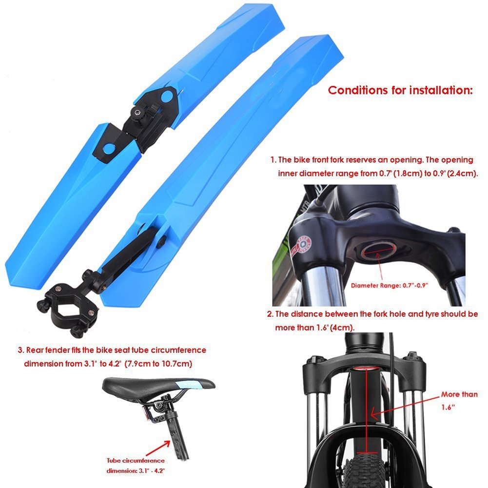 Bike Fenders Set Front Rear Mud Guard Tire Tyre Mud Flaps Fender Folding Quick Release With Led Light/ Warn Taillight ClipOn Splashboard Protector for Mountain BMX Racing Touring Road Bicycle (blue)