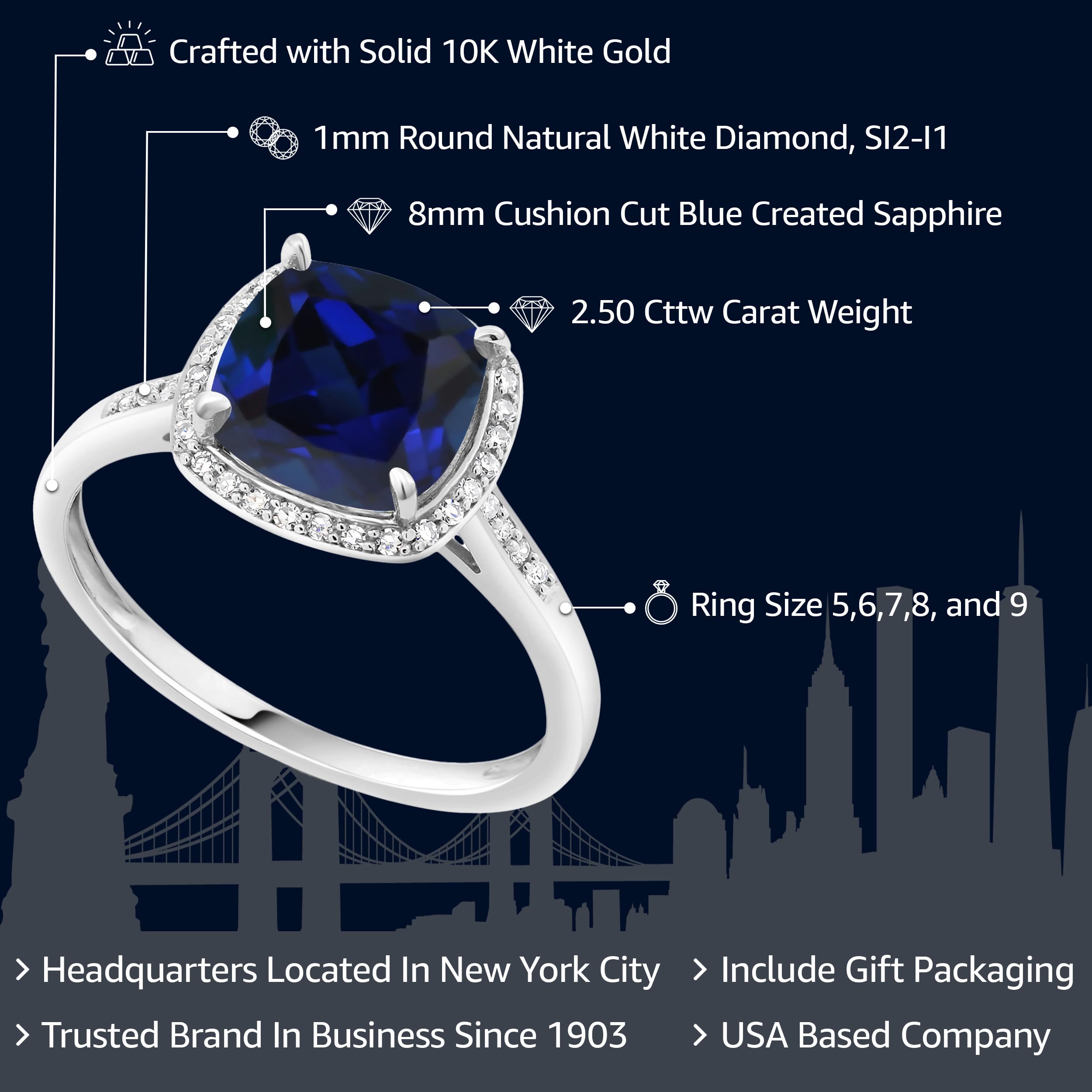 Gem Stone King 10K White Gold Cushion Cut 8MM Birthstone and Accent Diamonds Halo Engagement Ring For Women|Wedding Anniversary Promise Available In Size 5, 6, 7, 8, 9 (Created Sapphire, September,8)