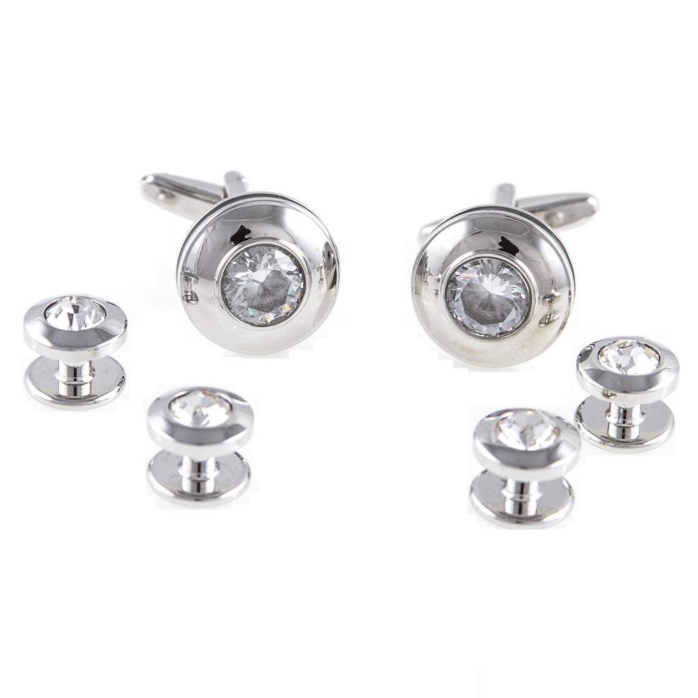 MRCUFF Round Crystal Elegant Tuxedo Cufflinks & Studs Set in a Presentation Gift Box & Polishing Cloth