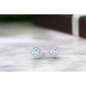 Gem Stone King 18K White Gold Gemstone Birthstone and White Diamond Earrings | Halo Stud Earrings for Women | White Gold Earrings for Women