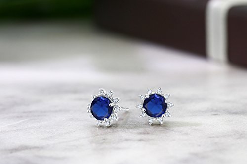 Gem Stone King 18K White Gold Gemstone Birthstone and White Diamond Earrings | Halo Stud Earrings for Women | White Gold Earrings for Women