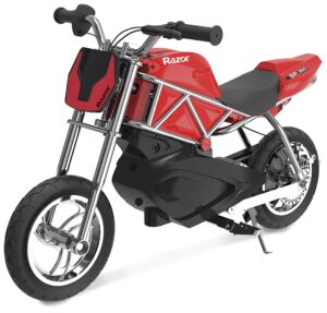 razor rsf350 electric bike with pneumatic tires, chain driven motor, and hidden compartment supports 140 pounds and speeds of 14 miles per hour, red