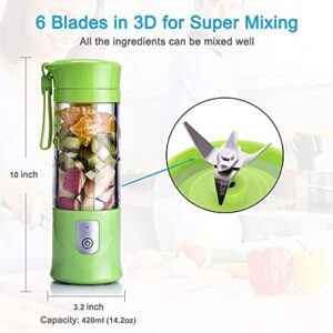 Portable Blender,Mini Personal Size Blenders for Smoothies and Shakes,USB Rechargeable Travel Juicer Cup Electric Fruit Juice Mixer with 6 Updated Blades for Travel, Sports, Kitchen,13.5Oz (Green)