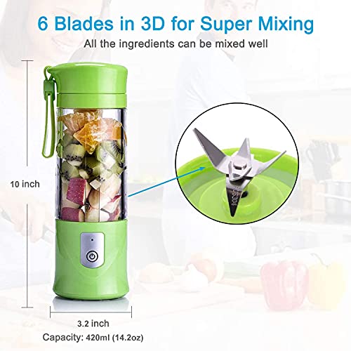 Portable Blender,Mini Personal Size Blenders for Smoothies and Shakes,USB Rechargeable Travel Juicer Cup Electric Fruit Juice Mixer with 6 Updated Blades for Travel, Sports, Kitchen,13.5Oz (Green)