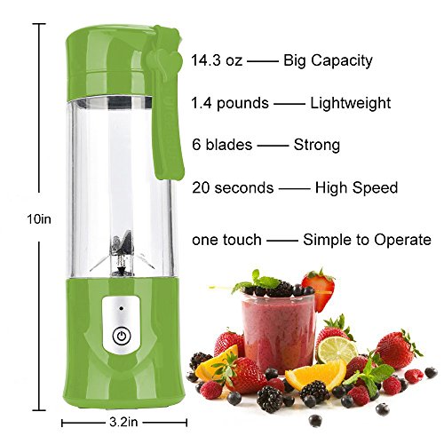 Portable Blender,Mini Personal Size Blenders for Smoothies and Shakes,USB Rechargeable Travel Juicer Cup Electric Fruit Juice Mixer with 6 Updated Blades for Travel, Sports, Kitchen,13.5Oz (Green)