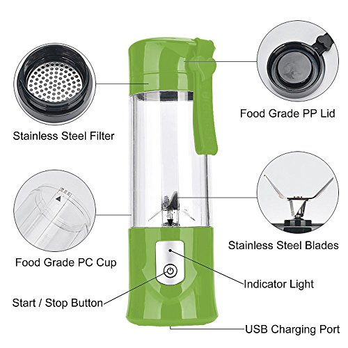 Portable Blender,Mini Personal Size Blenders for Smoothies and Shakes,USB Rechargeable Travel Juicer Cup Electric Fruit Juice Mixer with 6 Updated Blades for Travel, Sports, Kitchen,13.5Oz (Green)