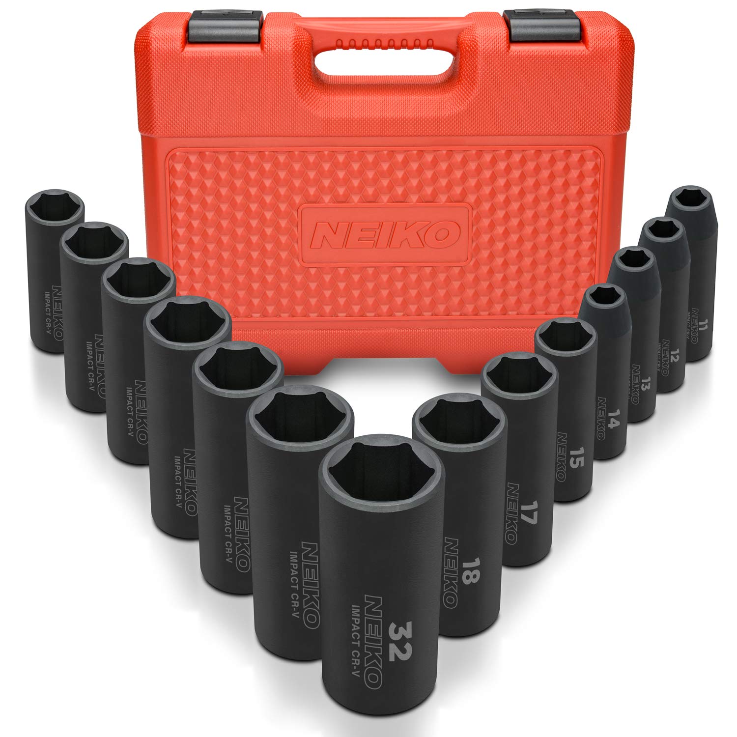 Neiko 02475A 1/2" Drive Deep Impact Socket Set, 14 Piece | 6 Point Metric Sizes (11-32 mm) | Cr-V Steel