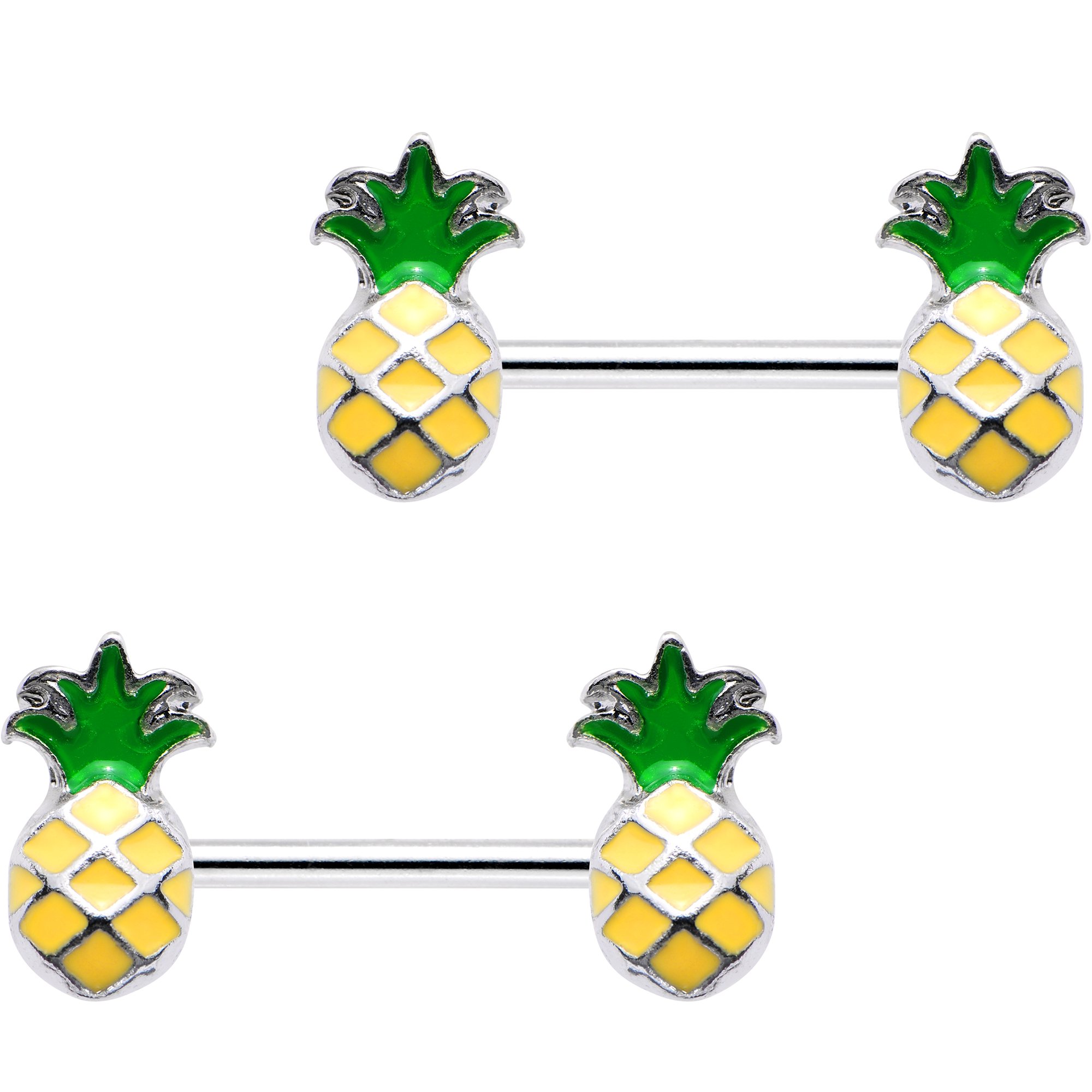 Body Candy Steel Yellow Green Pineapple Barbell Nipple Ring Set of 2 14 Gauge 1/2"