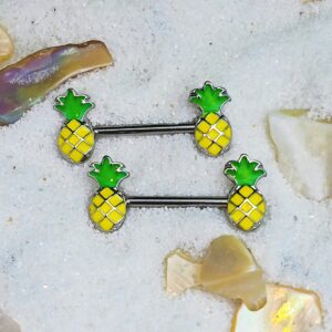 Body Candy Steel Yellow Green Pineapple Barbell Nipple Ring Set of 2 14 Gauge 1/2"