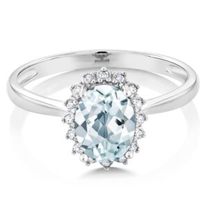 Gem Stone King 10K White Gold Sky Blue Aquamarine and Diamond Halo Engagement Ring For Women (1.25 Cttw, Oval 8X6MM, Size 9)