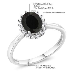 Gem Stone King 10K White Gold Black Onyx and Diamond Halo Engagement Ring For Women (1.65 Cttw, Oval 8X6MM, Size 9)