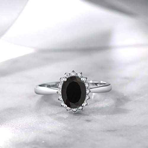 Gem Stone King 10K White Gold Black Onyx and Diamond Halo Engagement Ring For Women (1.65 Cttw, Oval 8X6MM, Size 9)