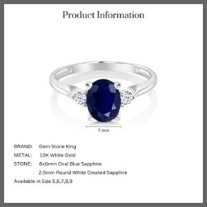 Gem Stone King 10K White Gold Blue Sapphire and White Created Sapphire 3-Stone Engagement Ring | 1.89 Cttw | 3 Stone Wedding Engagement Anniversary Promise Ring For Women (Size 9)