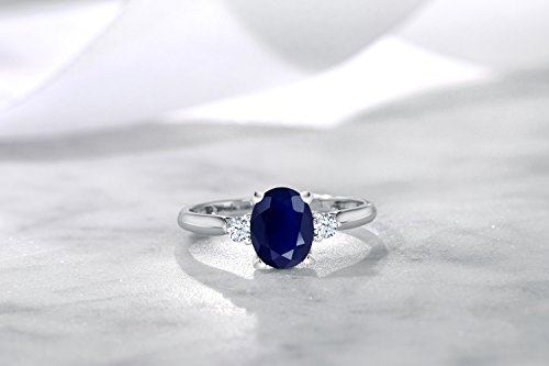 Gem Stone King 10K White Gold Blue Sapphire and White Created Sapphire 3-Stone Engagement Ring | 1.89 Cttw | 3 Stone Wedding Engagement Anniversary Promise Ring For Women (Size 9)