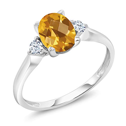 Gem Stone King 10K White Gold Citrine and White Created Sapphire 3-Stone Women's Ring (1.35 Cttw, Checkerboard Cut, Gemstone Birthstone, Available In Size 5, 6, 7, 8, 9)