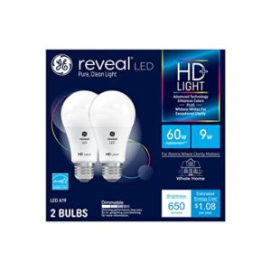 ge lighting reveal led light bulbs, 9 watt (60 watt equivalent) hd+ light, standard bulb shape, medium base, dimmable (2 pack), white