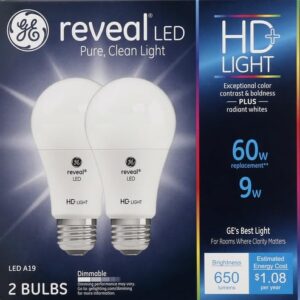 GE Lighting Reveal LED Light Bulbs, 9 Watt (60 Watt Equivalent) HD+ Light, Standard Bulb Shape, Medium Base, Dimmable (2 Pack), White