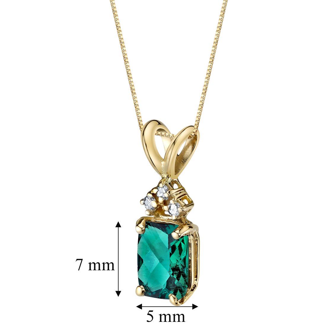 PEORA 14K Yellow Gold Created Emerald with Genuine Diamond Pendant for Women, Elegant Solitaire, Radiant Cut, 7x5mm, 1 Carat total