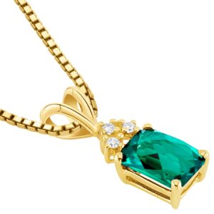 PEORA 14K Yellow Gold Created Emerald with Genuine Diamond Pendant for Women, Elegant Solitaire, Radiant Cut, 7x5mm, 1 Carat total