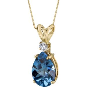 peora 14k yellow gold 2 carats london blue topaz with diamond pendant, genuine gemstone teardrop solitaire, pear shape 10x7mm aaa grade