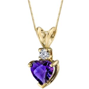 PEORA 14K Yellow Gold Amethyst with Diamond Pendant for Women, Genuine Gemstone Birthstone, Heart Shape Solitaire, 6mm, 0.75 Carat total