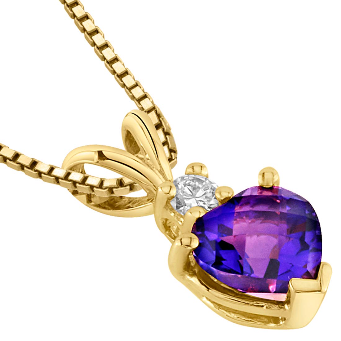 PEORA 14K Yellow Gold Amethyst with Diamond Pendant for Women, Genuine Gemstone Birthstone, Heart Shape Solitaire, 6mm, 0.75 Carat total