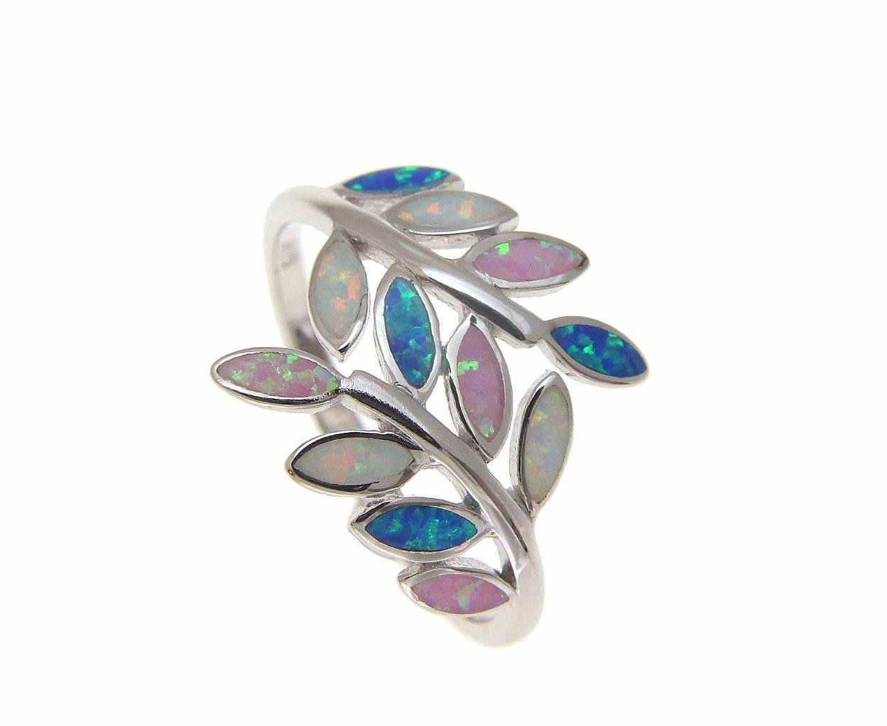 Arthur's Jewelry Blue white pink tricolor inlay synthetic opal ring Hawaiian maile leaf 925 sterling silver size 10