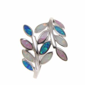 Arthur's Jewelry Blue white pink tricolor inlay synthetic opal ring Hawaiian maile leaf 925 sterling silver size 10