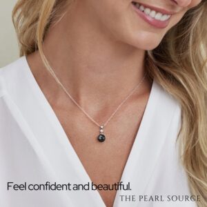 The Pearl Source 14k Gold 11-12mm Round Black Tahitian South Sea Cultured Pearl & Diamond Michelle Pendant Necklace for Women in 18"