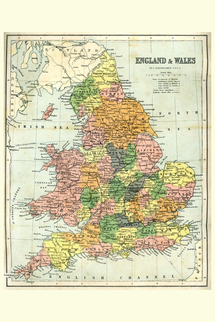 England and Wales 19th Century Antique Style Map Cool Wall Art Print Poster 12x18