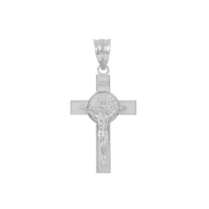 Saint Collection Solid 14k White Gold St. Benedict Crucifix Cross Charm Pendant (1.10")