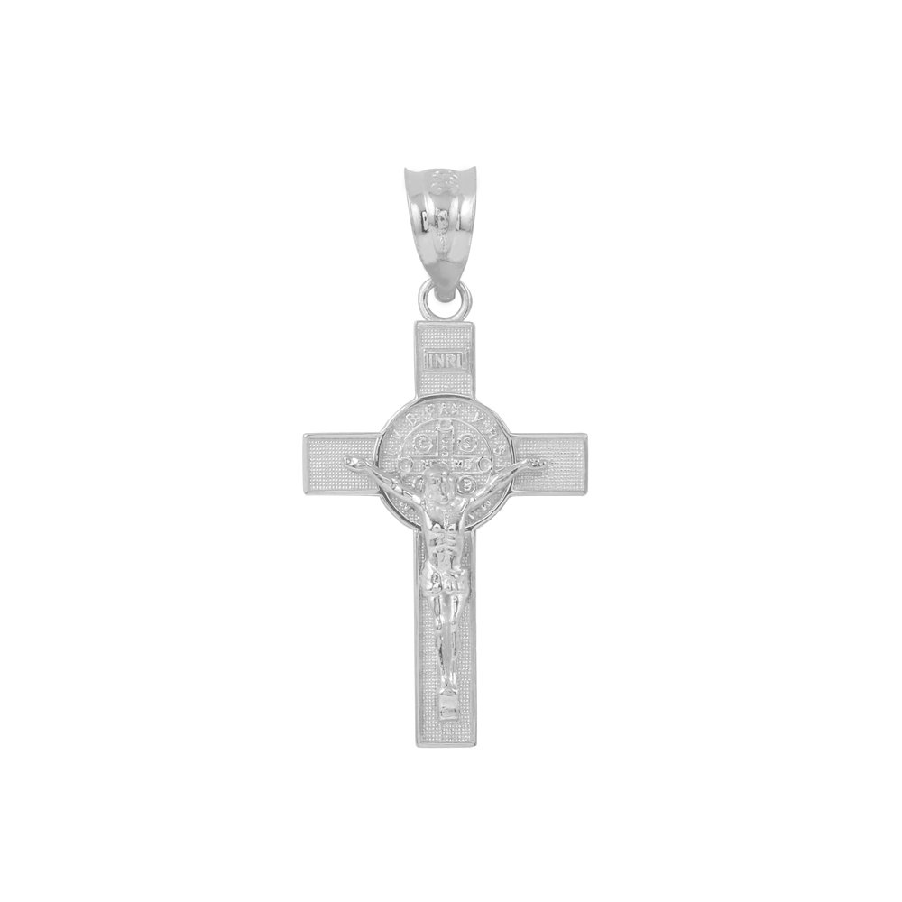 Saint Collection Solid 14k White Gold St. Benedict Crucifix Cross Charm Pendant (1.10")