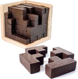 original 3d wooden brain teaser puzzle: engaging 3d puzzle box for kids 8-12 & adults, desk toys delight, challenging games & wooden puzzles for adult brain boost (brown)