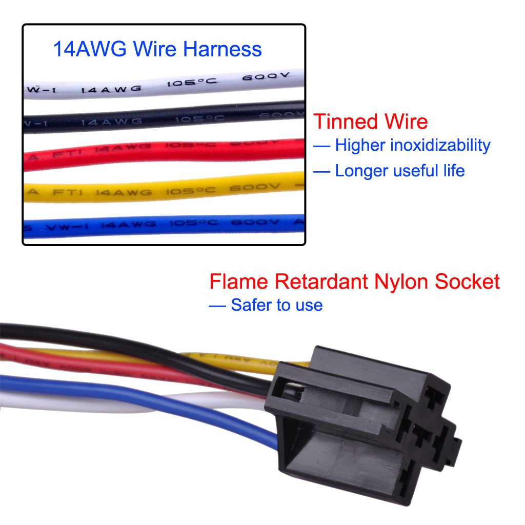 Ulincos Auto Relay U1914 with 14AWG Wire Harness, 12V DC 30/40A SPDT 5-Pin (Pack of 2)