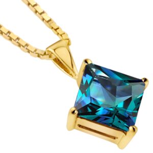 PEORA 14K Yellow Gold Created Alexandrite Pendant for Women, 3 Carats Princess Cut, Color-Changing Solitaire AAA Grade