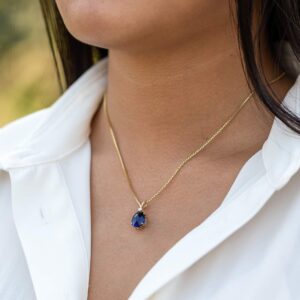 PEORA 14K Yellow Gold 3.50 Carats Created Blue Sapphire with Genuine Diamond Pendant, Elegant Solitaire, Oval Shape, 10x8mm