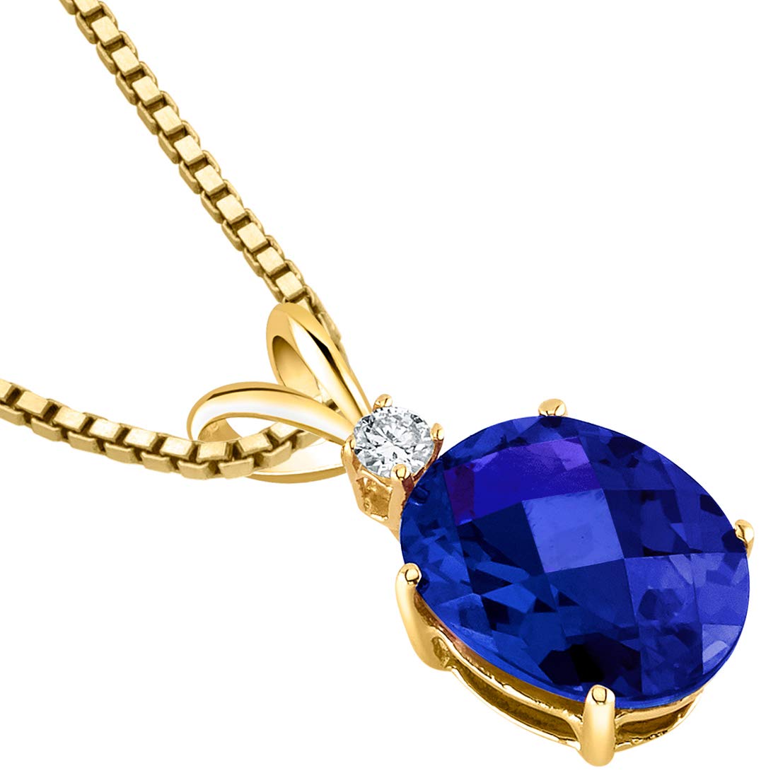 PEORA 14K Yellow Gold 3.50 Carats Created Blue Sapphire with Genuine Diamond Pendant, Elegant Solitaire, Oval Shape, 10x8mm