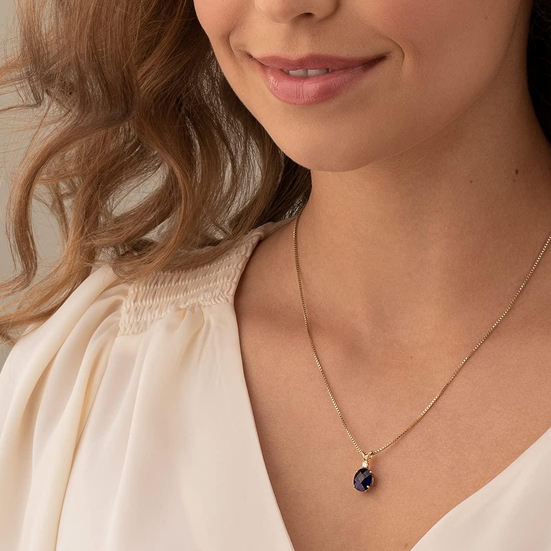 PEORA 14K Yellow Gold 3.50 Carats Created Blue Sapphire with Genuine Diamond Pendant, Elegant Solitaire, Oval Shape, 10x8mm