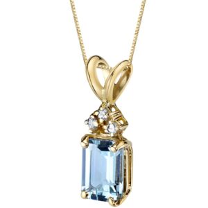 peora solid 14k yellow gold aquamarine and diamonds pendant for women, genuine gemstone birthstone solitaire, emerald cut, 7x5mm