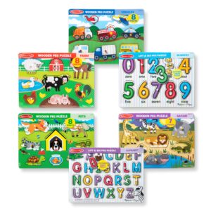 Melissa & Doug Wooden Peg Puzzle 6 Pack Numbers, Letters, Animals, Vehicles