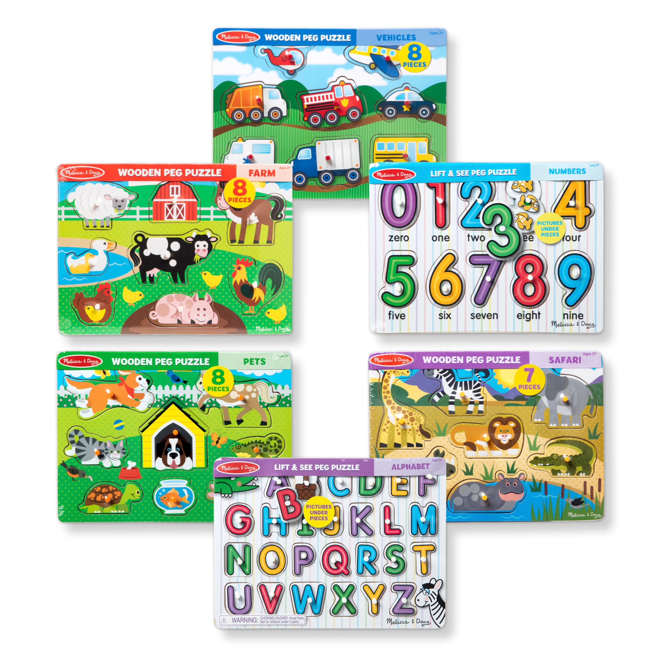 Melissa & Doug Wooden Peg Puzzle 6 Pack Numbers, Letters, Animals, Vehicles