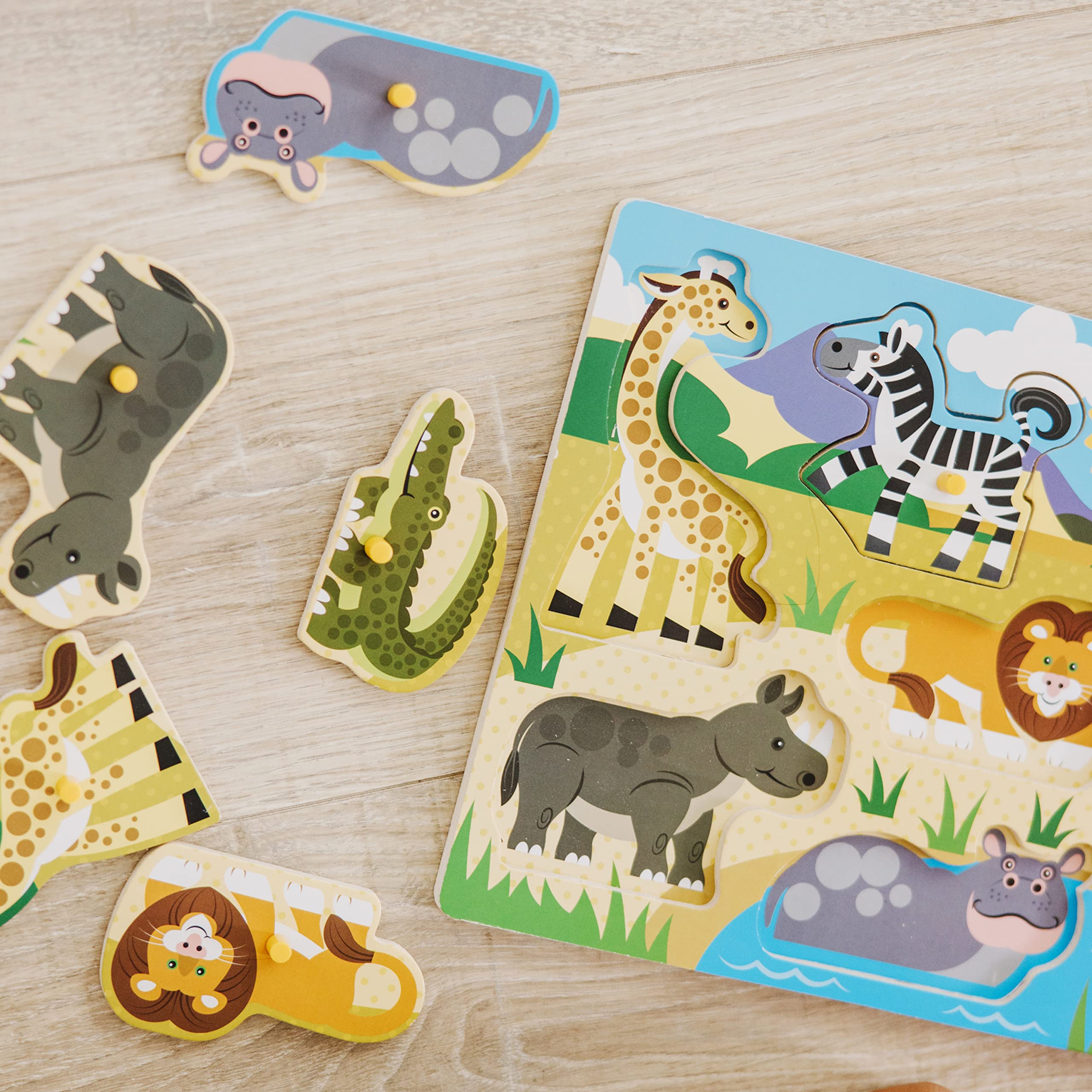 Melissa & Doug Wooden Peg Puzzle 6 Pack Numbers, Letters, Animals, Vehicles