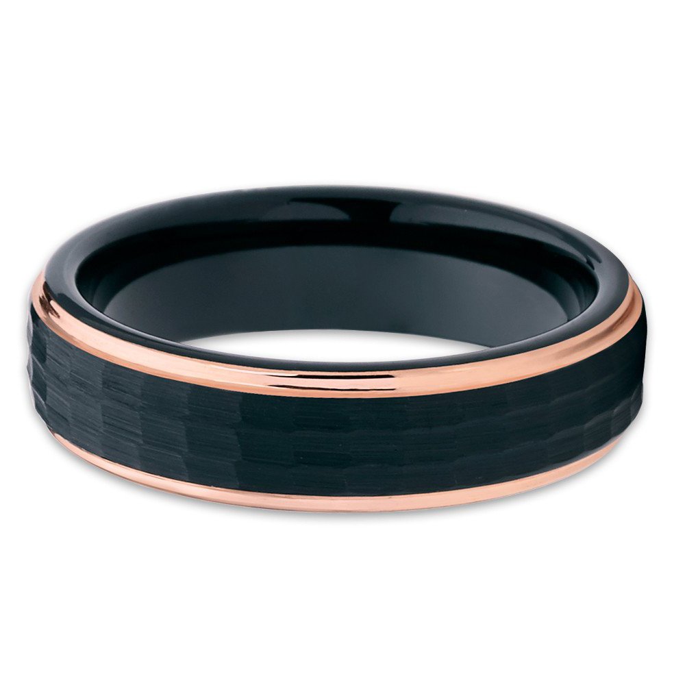 Silly Kings 6mm Rose Gold Tungsten Carbide Wedding Ring Black Hammered Finish Unique Edge Unisex Comfort Fit Band