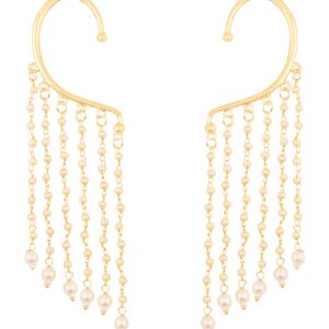 Touchstone Indian bollywood innovative ear shape lucrative look faux pearls hangings long bridal chandelier designer jewelry earrings for women in gold tone.