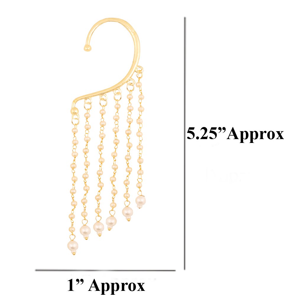 Touchstone Indian bollywood innovative ear shape lucrative look faux pearls hangings long bridal chandelier designer jewelry earrings for women in gold tone.