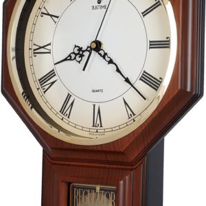 JUSTIME Traditional Schoolhouse Pendulum Wall Clock Chimes Hourly with Westminster Melody Made in Taiwan, 4AA Batteries Included (PP0258-RRM Red Mahogany)