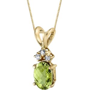 peora 14k yellow gold peridot and diamond pendant for women, genuine gemstone birthstone, hypoallergenic solitaire, oval shape, 7x5mm, 1 carat total