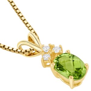 PEORA 14K Yellow Gold Peridot and Diamond Pendant for Women, Genuine Gemstone Birthstone, Hypoallergenic Solitaire, Oval Shape, 7x5mm, 1 Carat total