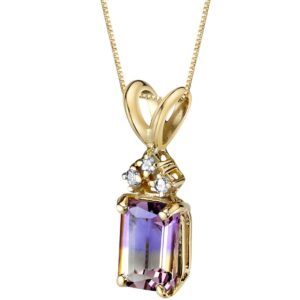 peora solid 14k yellow gold ametrine with diamonds pendant for women, genuine gemstone solitaire, emerald cut, 7x5mm, 1 carat total